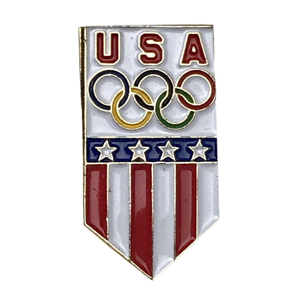 USA Olympic Rings Pin Gold Tone Enamel Red White Blue Stars Stripes